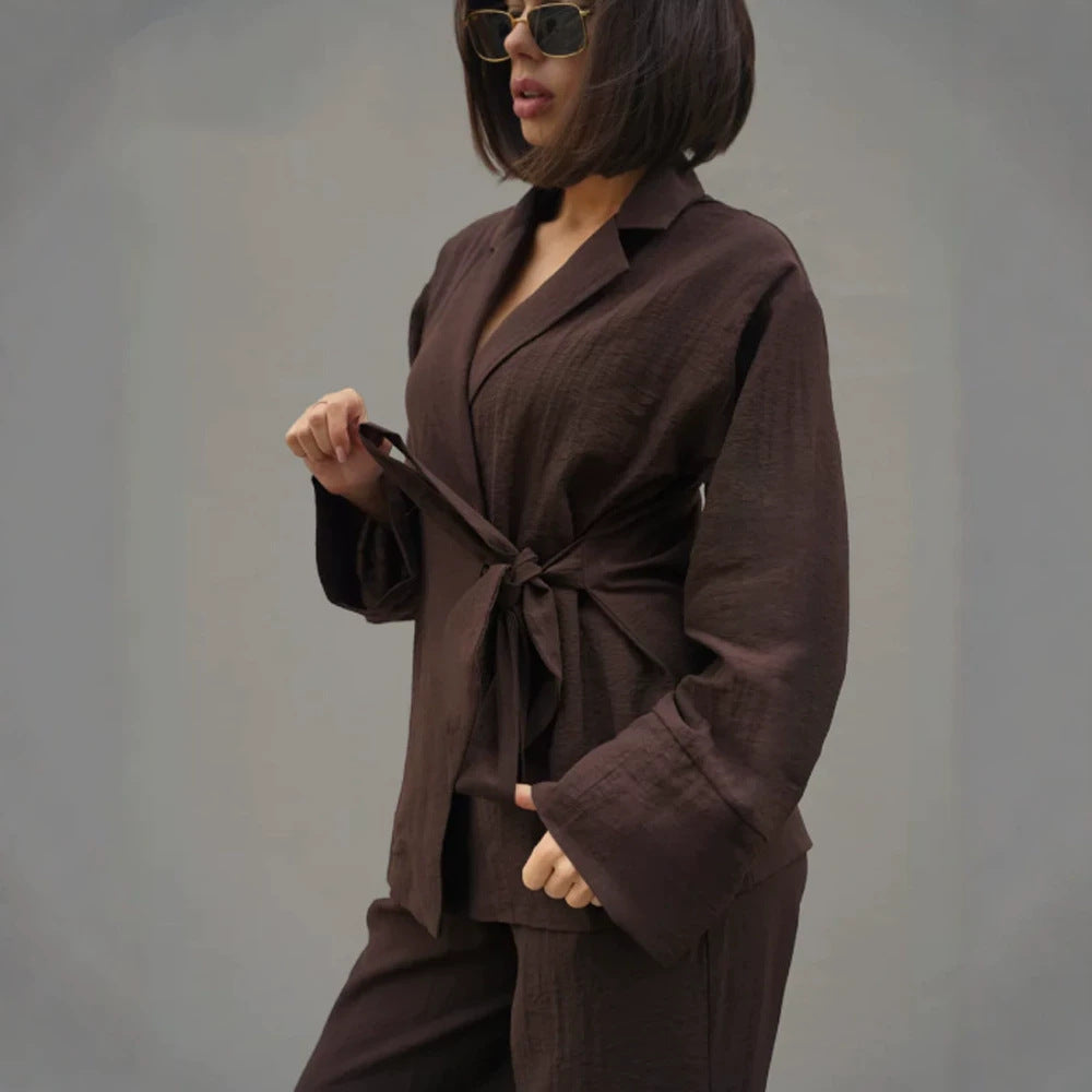 Women's Wrap Blazer with Tying Belt, Casual Oversized Cut and Lapel Collar Amarae