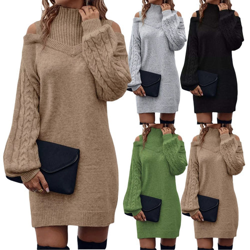 Knit dress for women with off-the-shoulder design and structured high collar Amarae