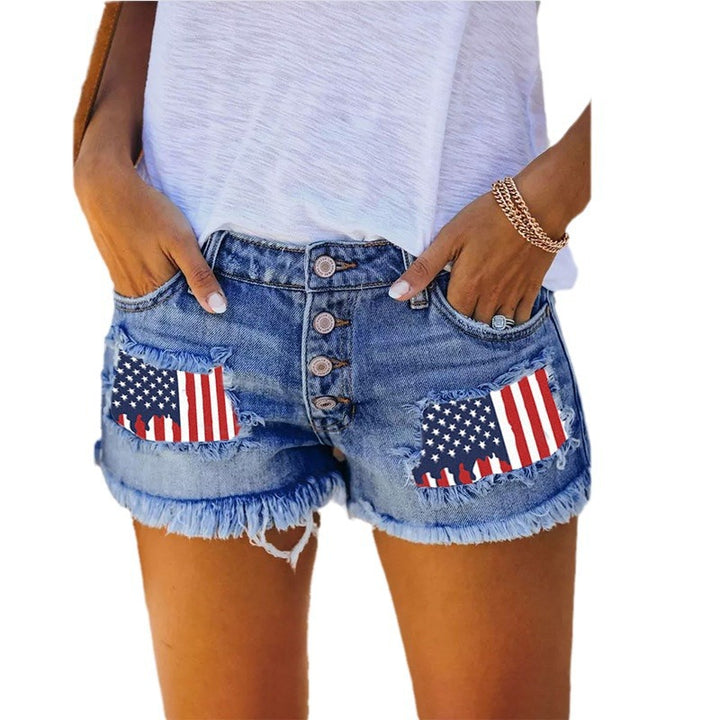 Women's denim shorts with vintage fringes and patriotic appliqués Lune London