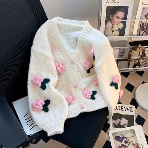 Knitted jacket for ladies with floral appliqués and elastic sleeves Amarae