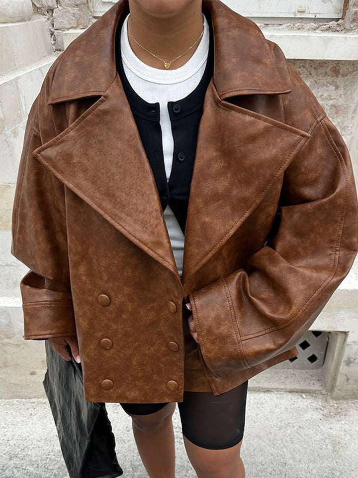 Women's Cropped Boxy Faux Leather Coat with Oversized Lapels and Double-Breasted Button Placket Amarae