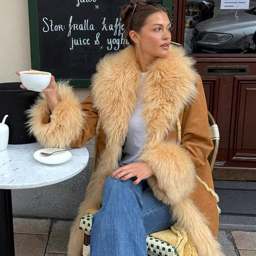 Women Long Shearling Imitation Coat with Voluminous Shawl Collar and Plush Cuffs Amarae