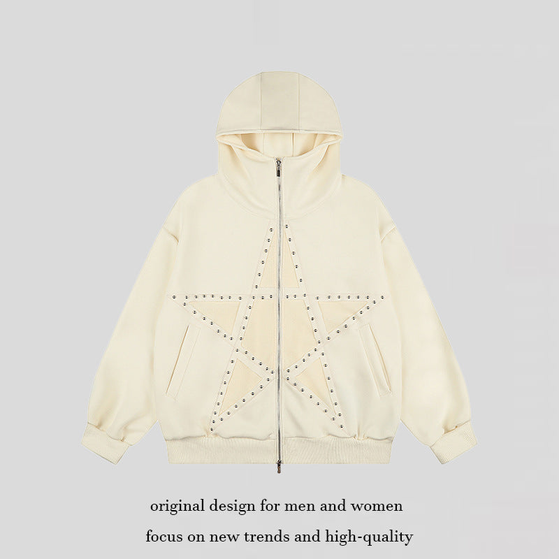 Women's Oversize Hooded Zip Jacket with Studded Star Design and High Collar Amarae