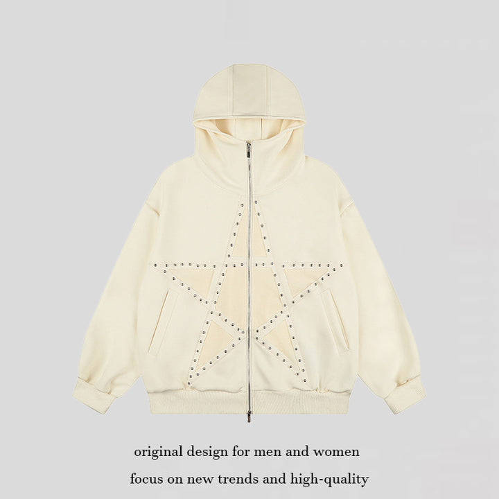 Women's Oversize Hooded Zip Jacket with Studded Star Design and High Collar Amarae