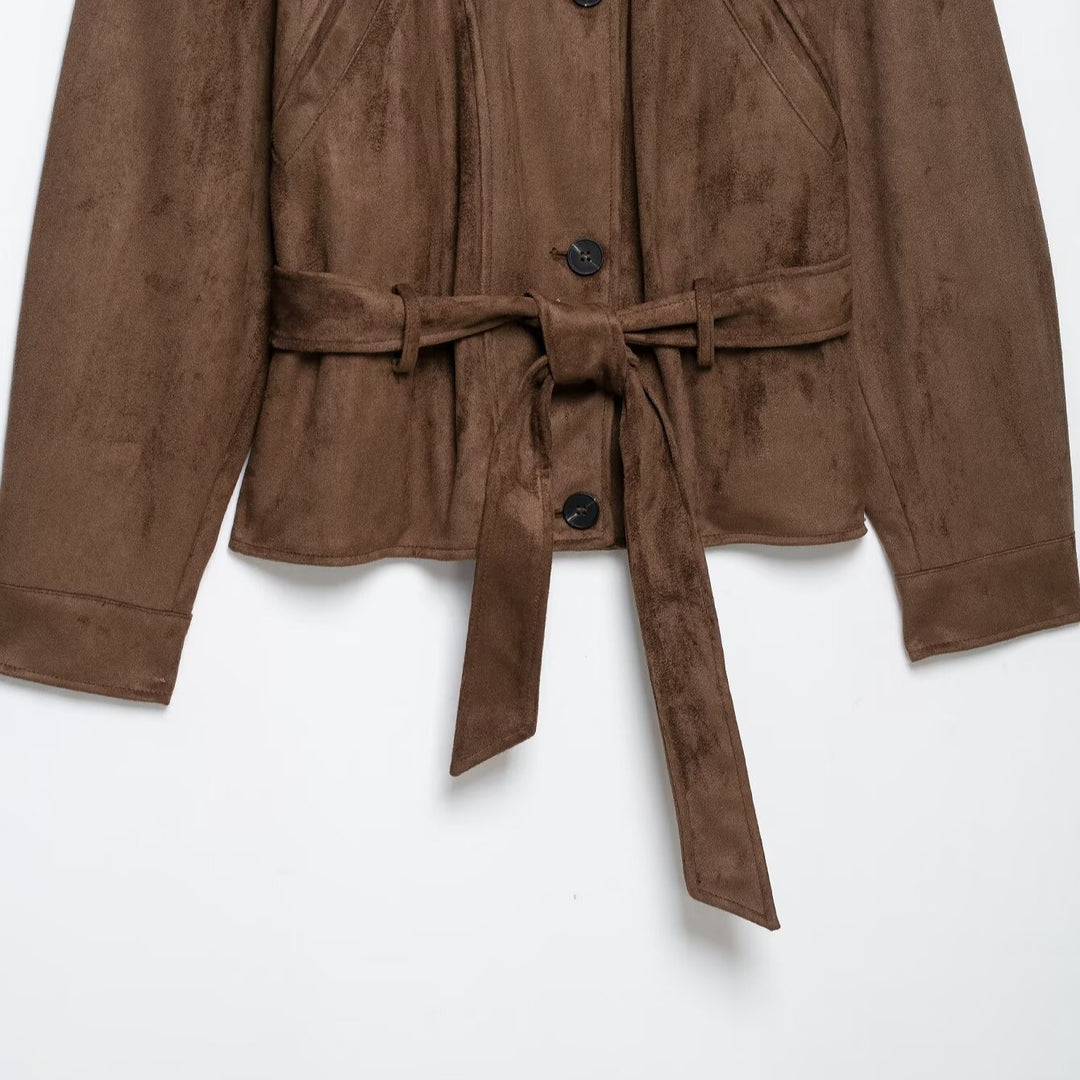 Women's short jacket in suede look with high stand-up collar, decorative dividing seams and tie belt Amarae