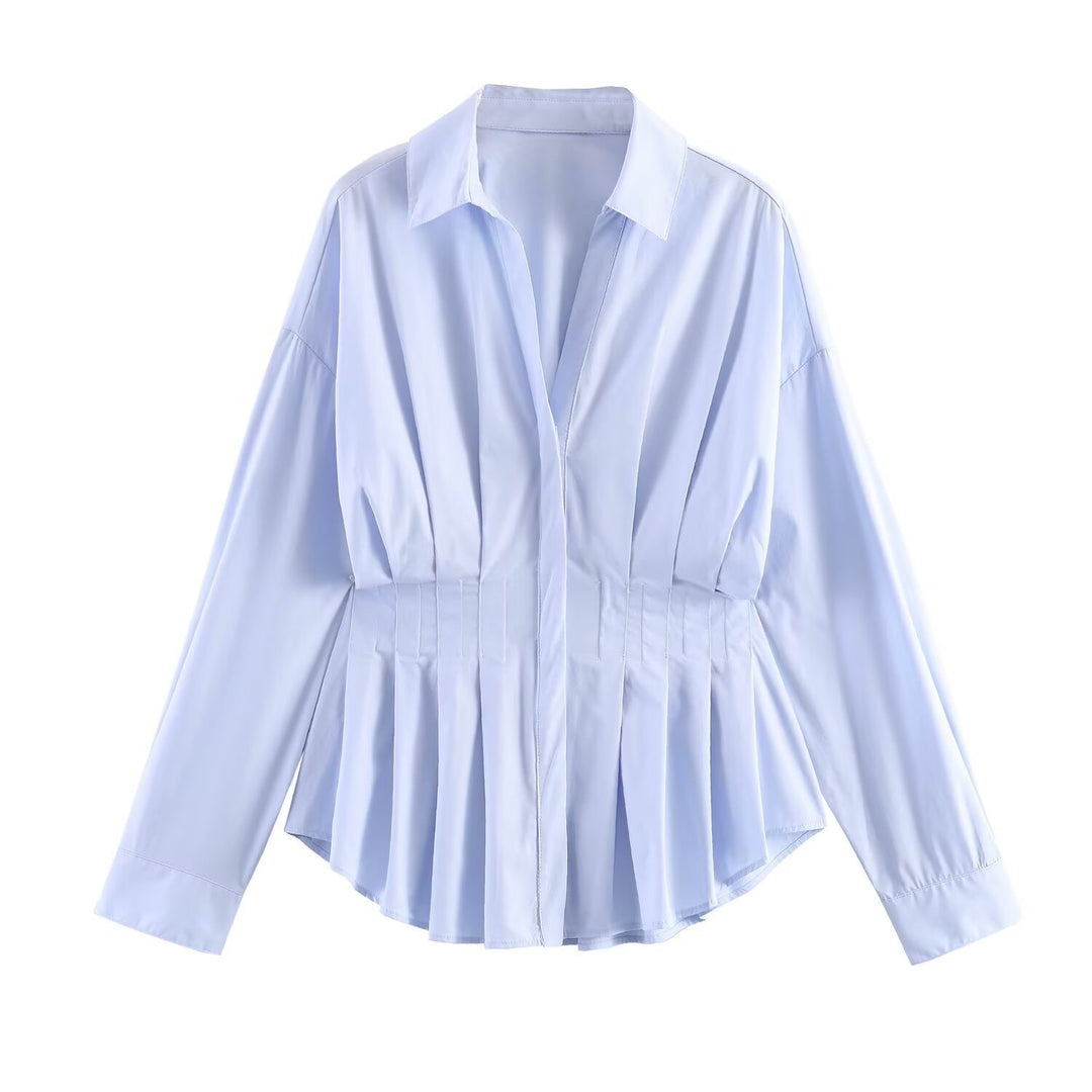 Women Striped Oversized Blouse with Tailoring Gatherings and Shirt Collar Amarae