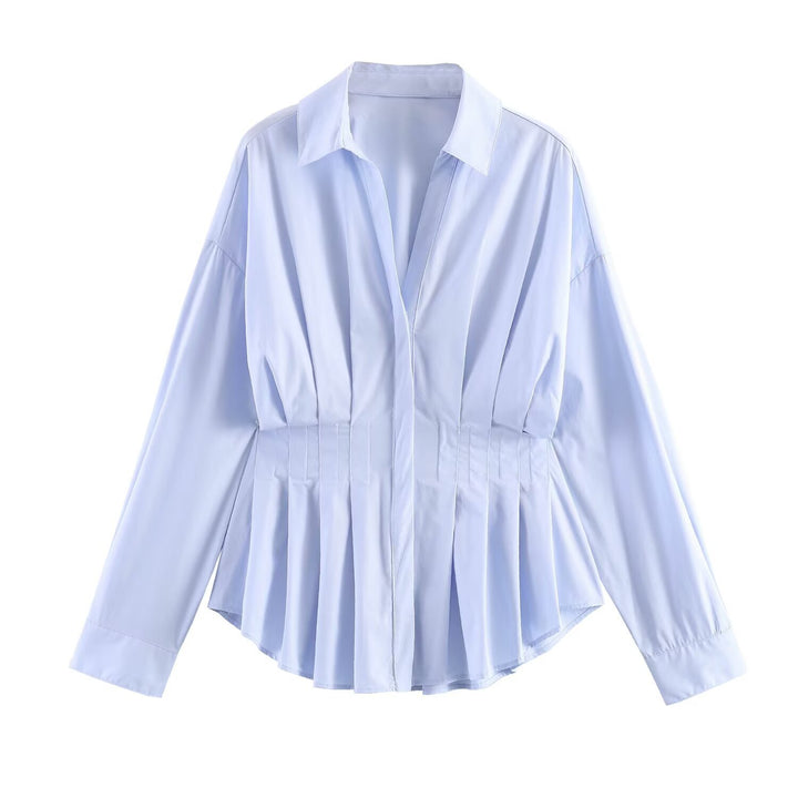 Women Striped Oversized Blouse with Tailoring Gatherings and Shirt Collar Amarae