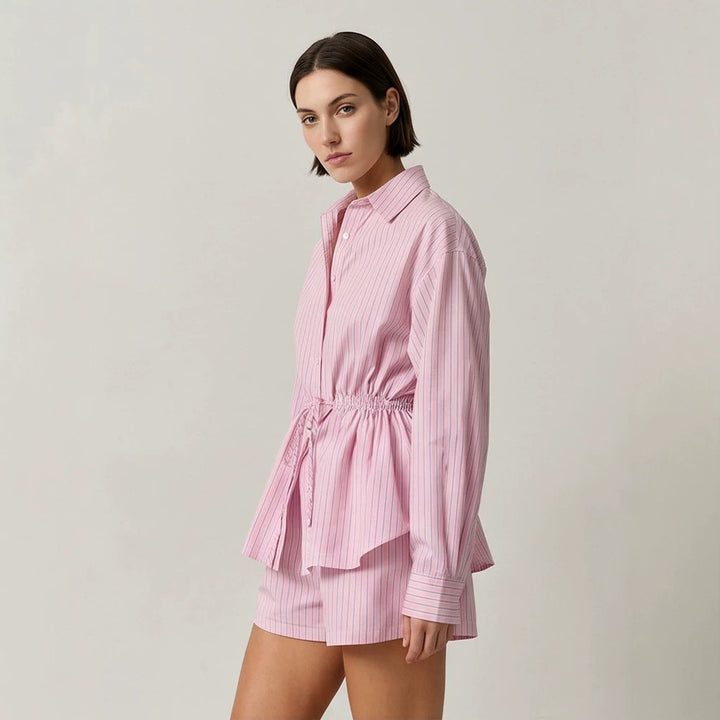 Women's Striped Loungewear Set made of Lightweight Cotton with Drawstring Waist & Shorts Amarae