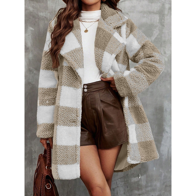 Women Checked Teddy Coat with Lapel Collar and Snuggle Fleece Amarae