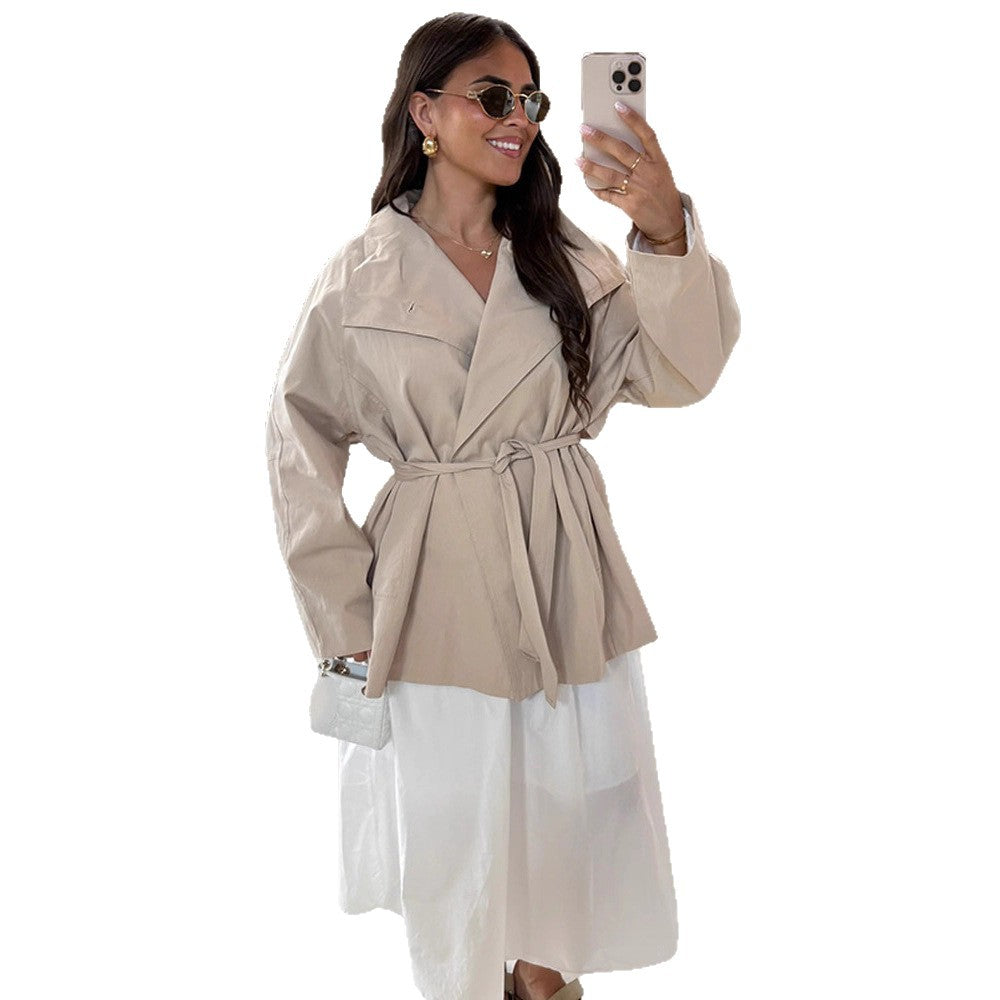 Women's wrap short jacket with tie belt, dropped shoulder and boxy silhouette Amarae