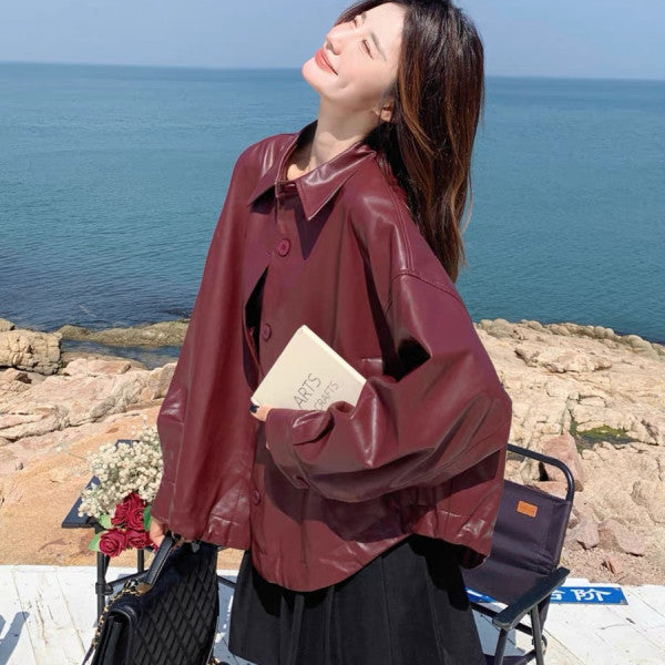 Women Oversized Faux Leather Jacket with Practical Pockets and Button-Down Closure Chic & Stil