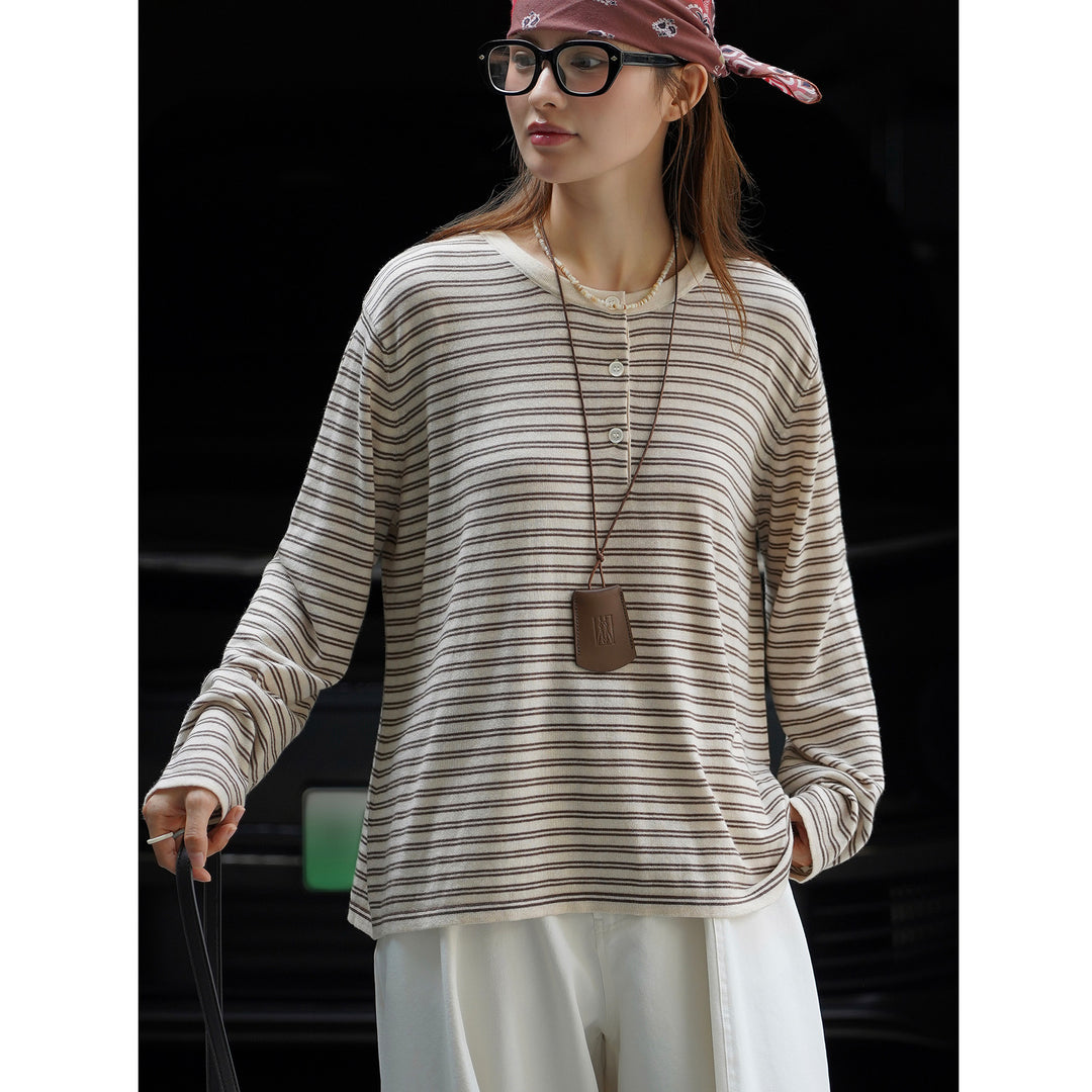 Women's Lightweight Cotton Blend Long Sleeve Shirt with Button Placket and Fine Striped Pattern Amarae