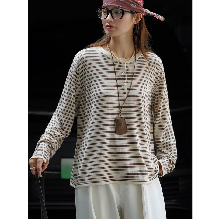 Women's Lightweight Cotton Blend Long Sleeve Shirt with Button Placket and Fine Striped Pattern Amarae