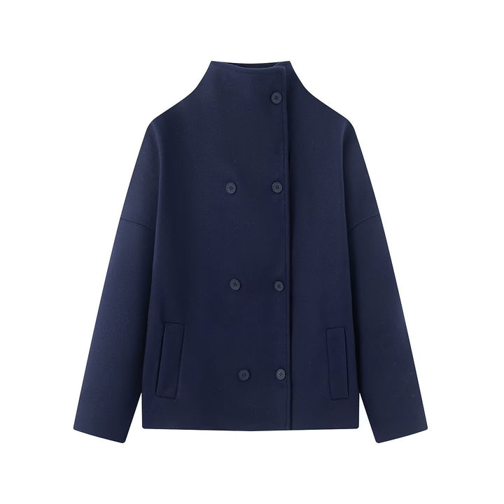 Women Short Cut Double Breasted Wool Blend Cocoon Coat with Stand-up Collar Amarae