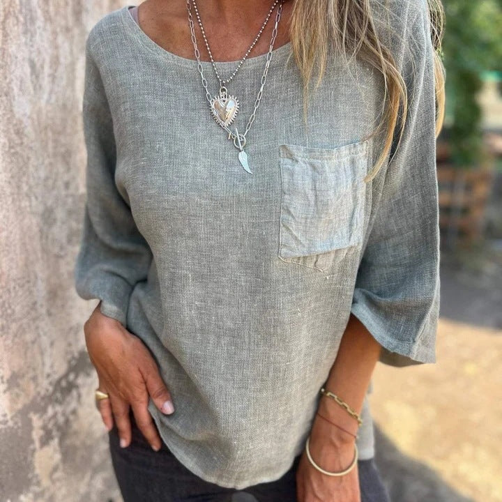 Ladies casual linen top with loose fit and chest pocket Lune London