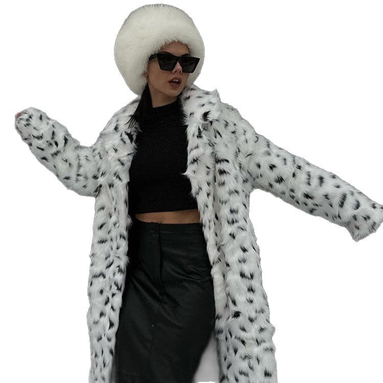 Women's Long Coat made of Faux Fur with Dalmatian Look and Hood Amarae