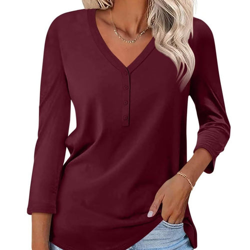 Women's Long Sleeve Shirt with Button Placket and V-Neck Chic & Stil