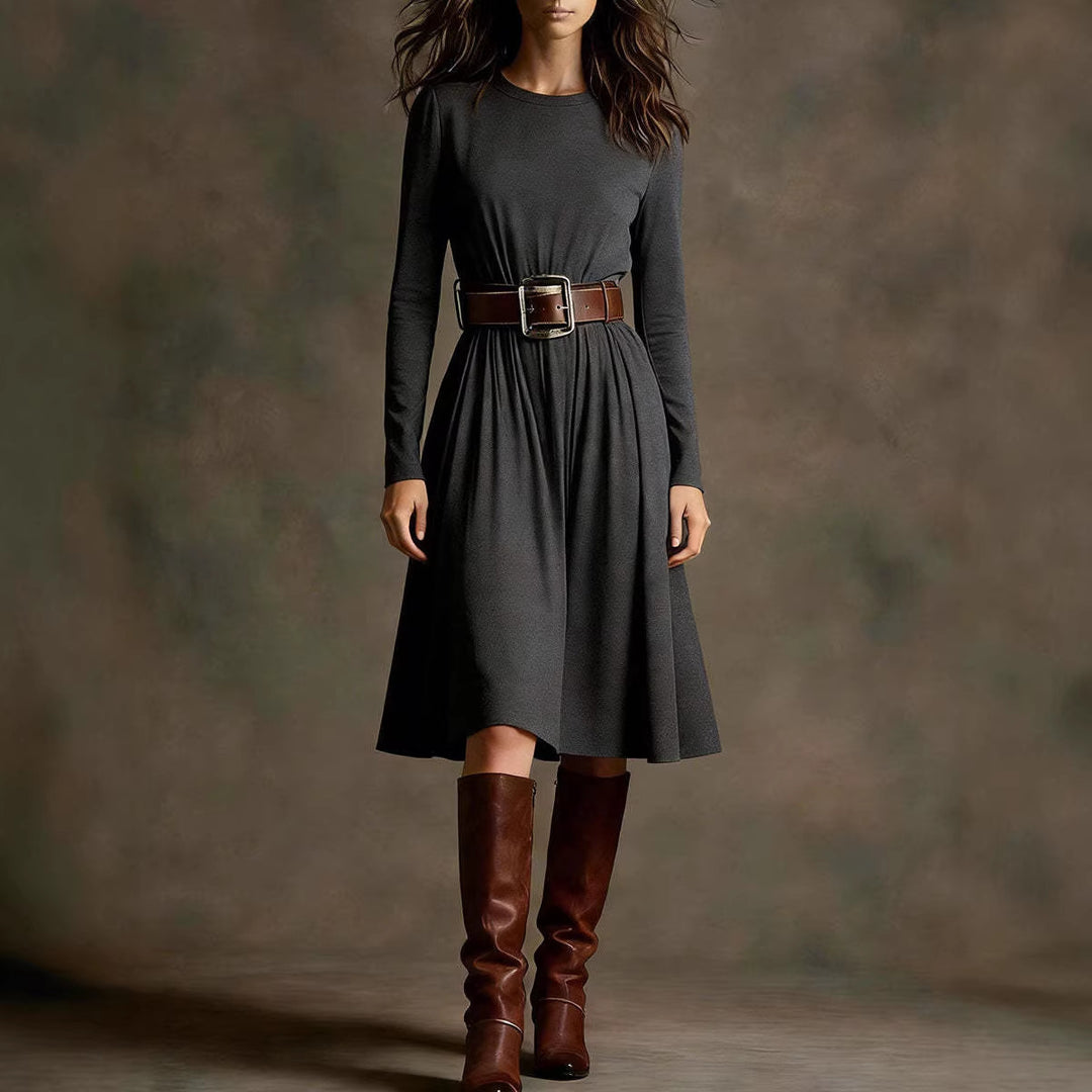 Women Elegant Dress with Long Sleeve and Waist Belt Chic & Stil