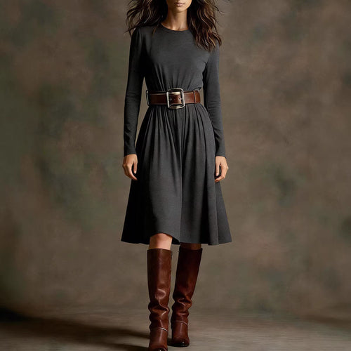 Women Elegant Dress with Long Sleeve and Waist Belt Chic & Stil