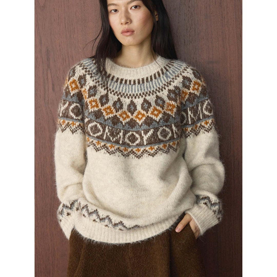 Women's chunky knit crew neck sweater with Norwegian jacquard and mohair mix Amarae