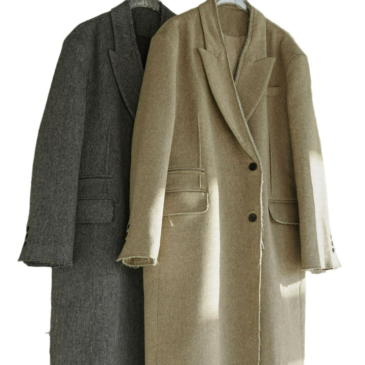 Women Boxy Long Coat made of Wool Blend with Frayed Edges and Double-Breasted Amarae