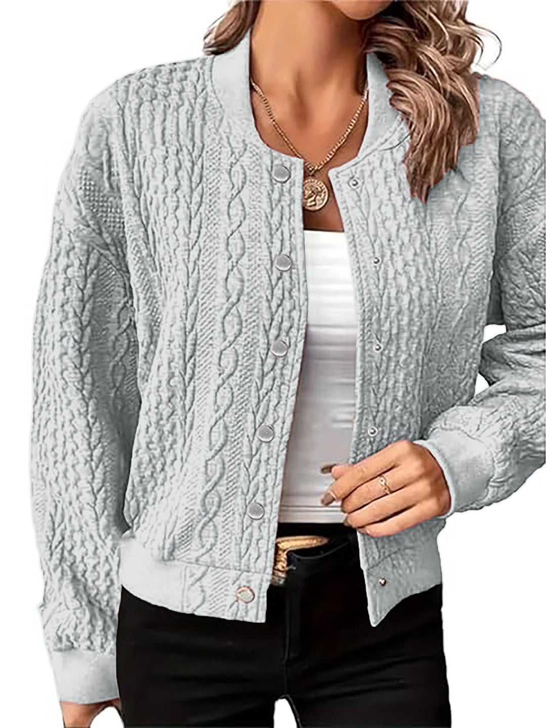 Knitted jacket for women with embossed pattern and snap button closure Lune London