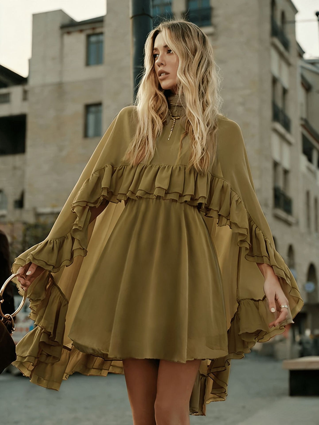 Women Elegant Ruffle Dress with High Neckline and Flowing Cut Lune London