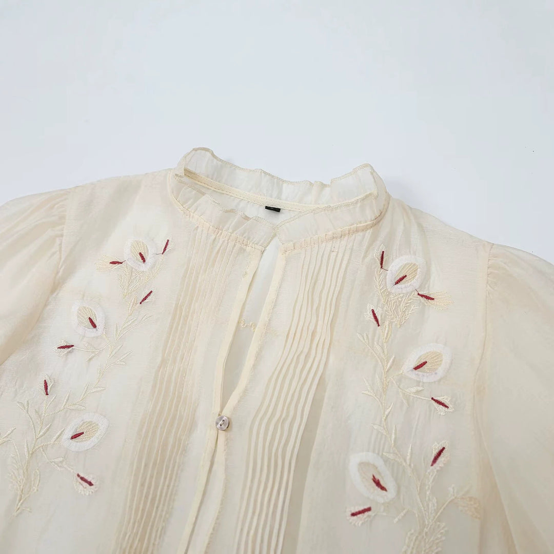 Women Embroidered Chiffon Blouse with Pleated Front and Balloon Sleeves Amarae