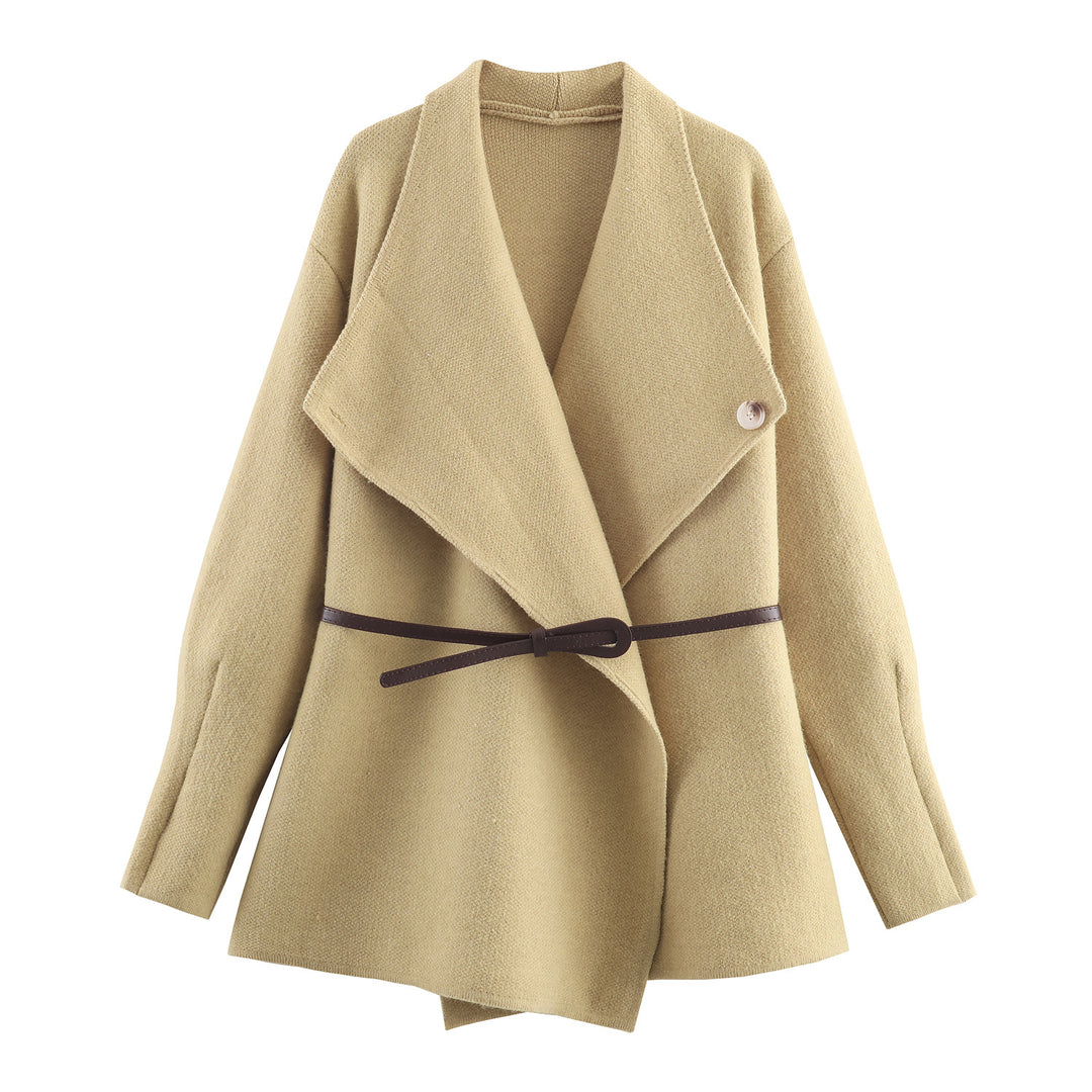 Women's Short Cut Wool Blend Cardigan Coat with Wide Shawl Collar and Narrow Tie Belt Amarae
