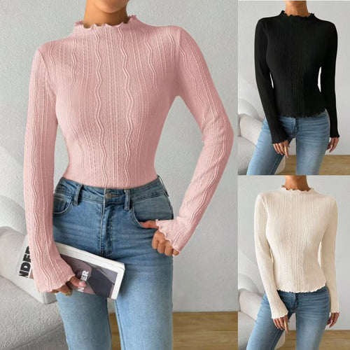 Ladies Elegant Long Sleeve T-shirt with Textured Design and Ruffles Amarae