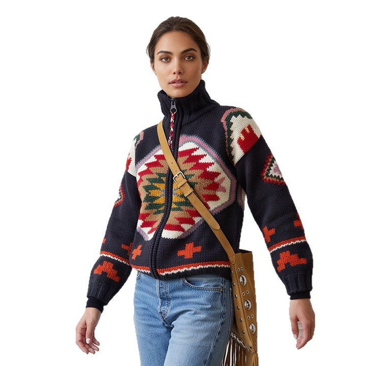 Women's Jacquard Cardigan with Navajo Pattern, Zipper and High Collar Amarae