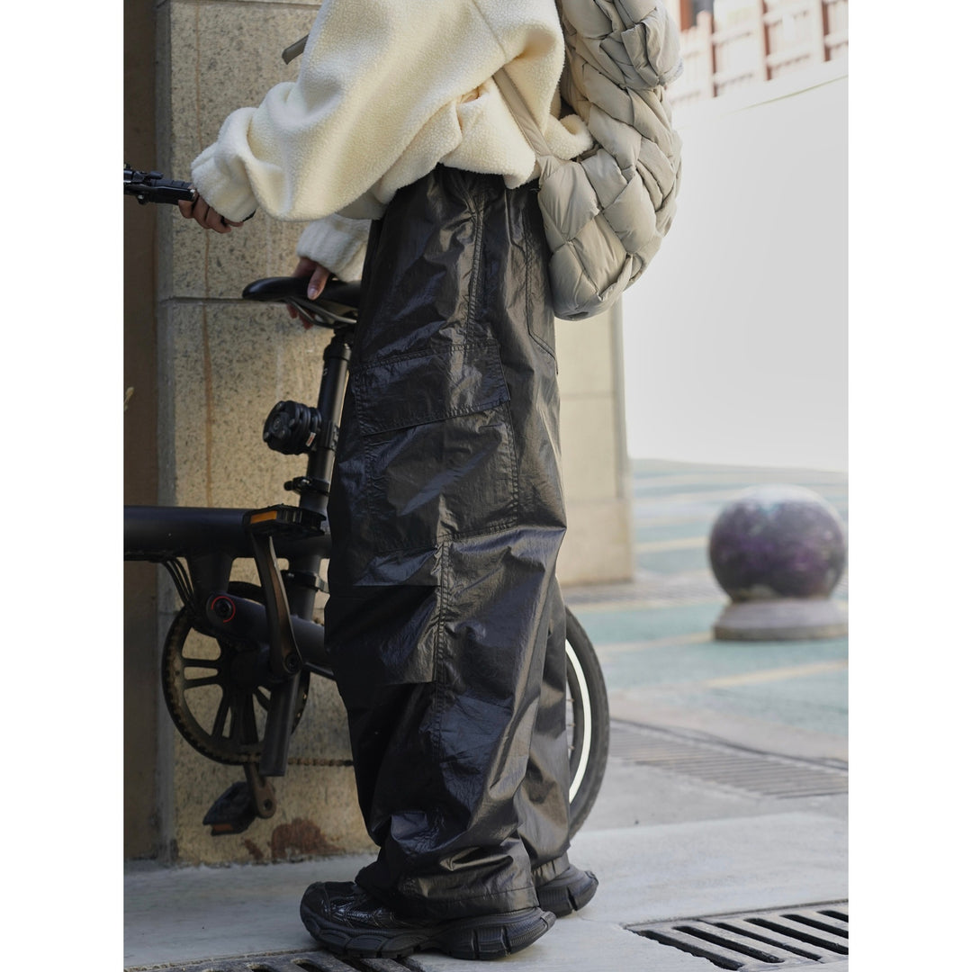 Women's Wide Nylon Cargo Palazzo Trousers with High Waist, Drawstring and Patch Utility Pockets Amarae