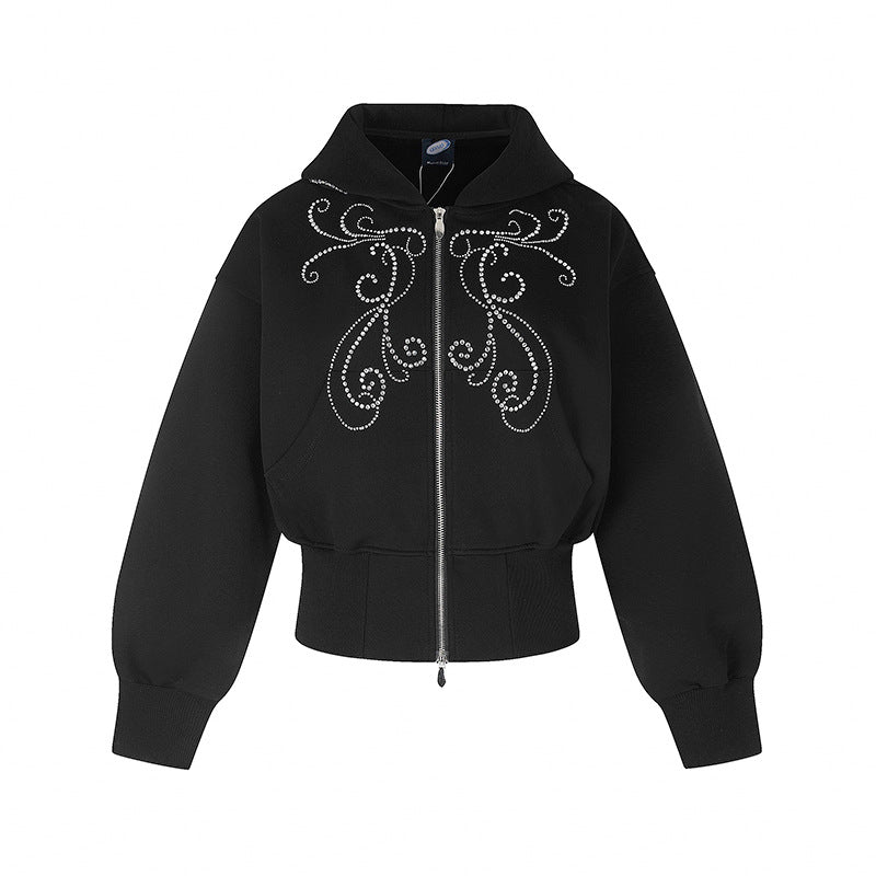 Women's Tailored Hooded Sweat Jacket in Bomber Style with Rhinestone Ornament Amarae