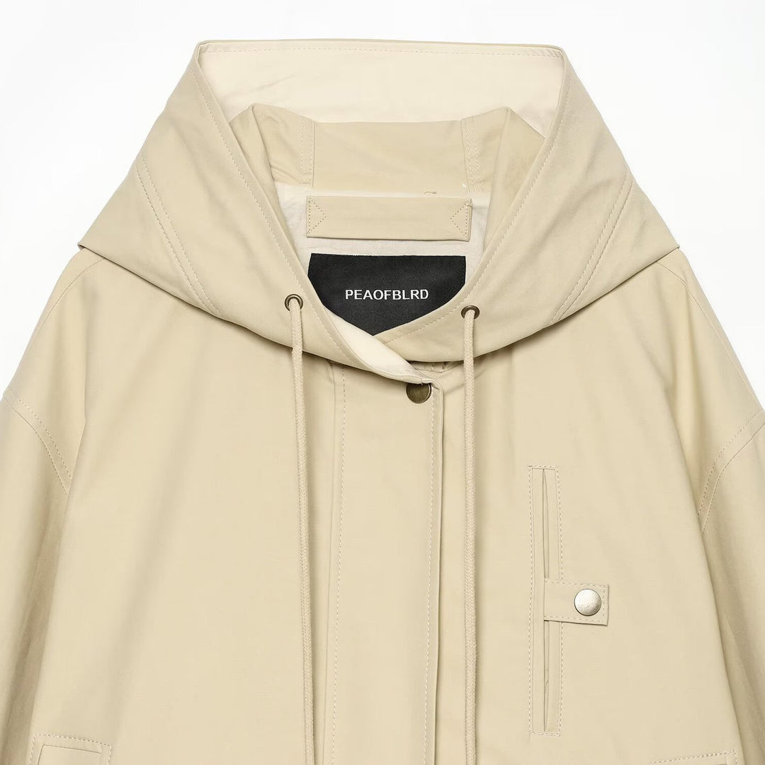 Women's Short Hooded Jacket with Drawstring, Concealed Snap Placket and Patch Pockets Amarae