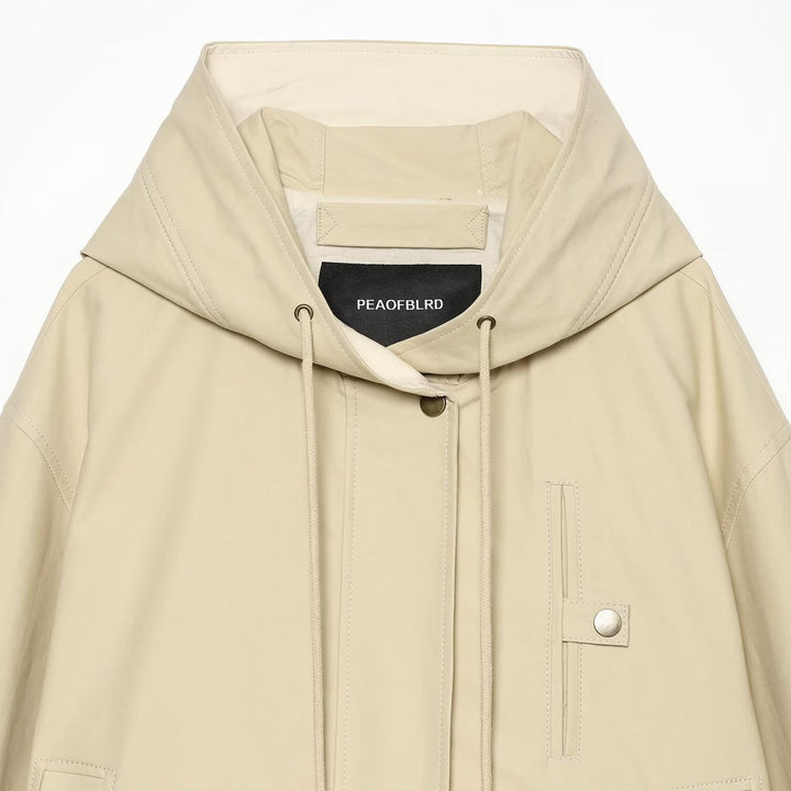 Women's Short Hooded Jacket with Drawstring, Concealed Snap Placket and Patch Pockets Amarae