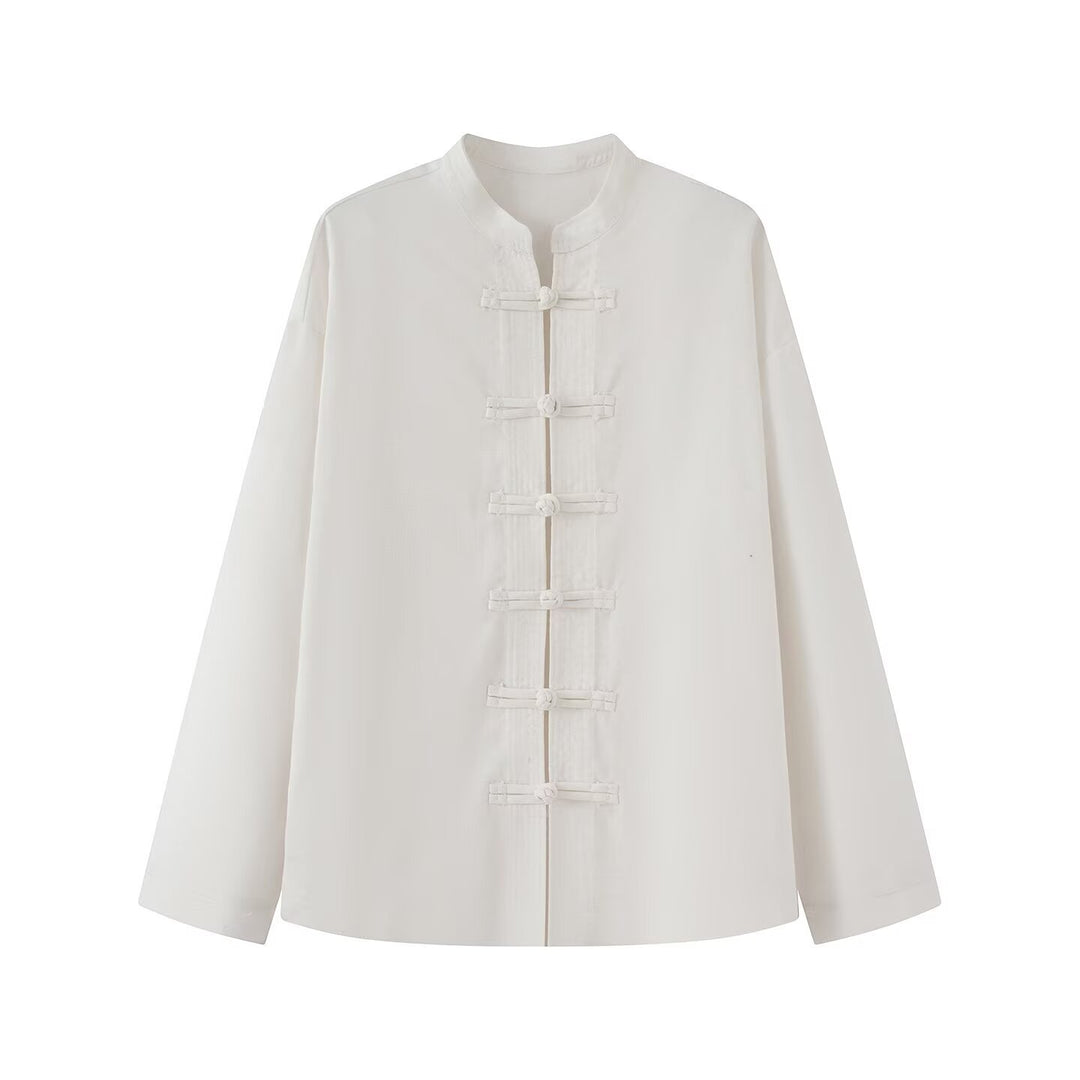Ladies wide blouse jacket with stand collar and knot closure Amarae