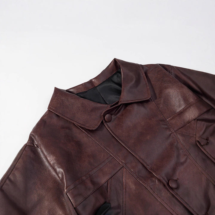 Women Short Boxy Faux Leather Blouson with Geometric Stitch Details and Shirt Collar Amarae