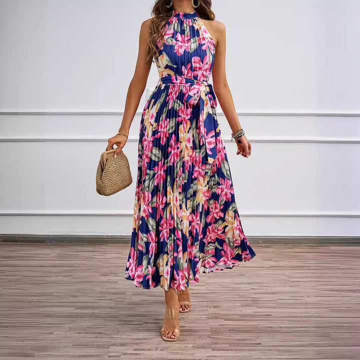 Ladies maxi dress with intricate pleating and stylish tie belt Lune London