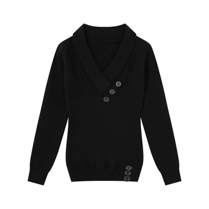 Women’s fine knit pullover with shawl collar, V-neck and decorative buttons Amarae