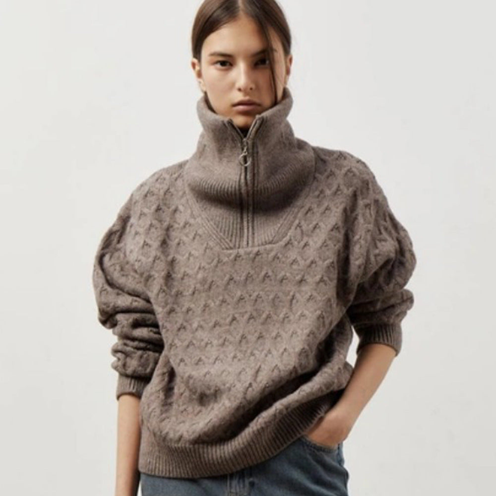Women Knitted Patterned Sweater with High Collar and Half-Zip Lune London