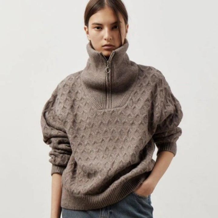 Women Knitted Patterned Sweater with High Collar and Half-Zip Lune London