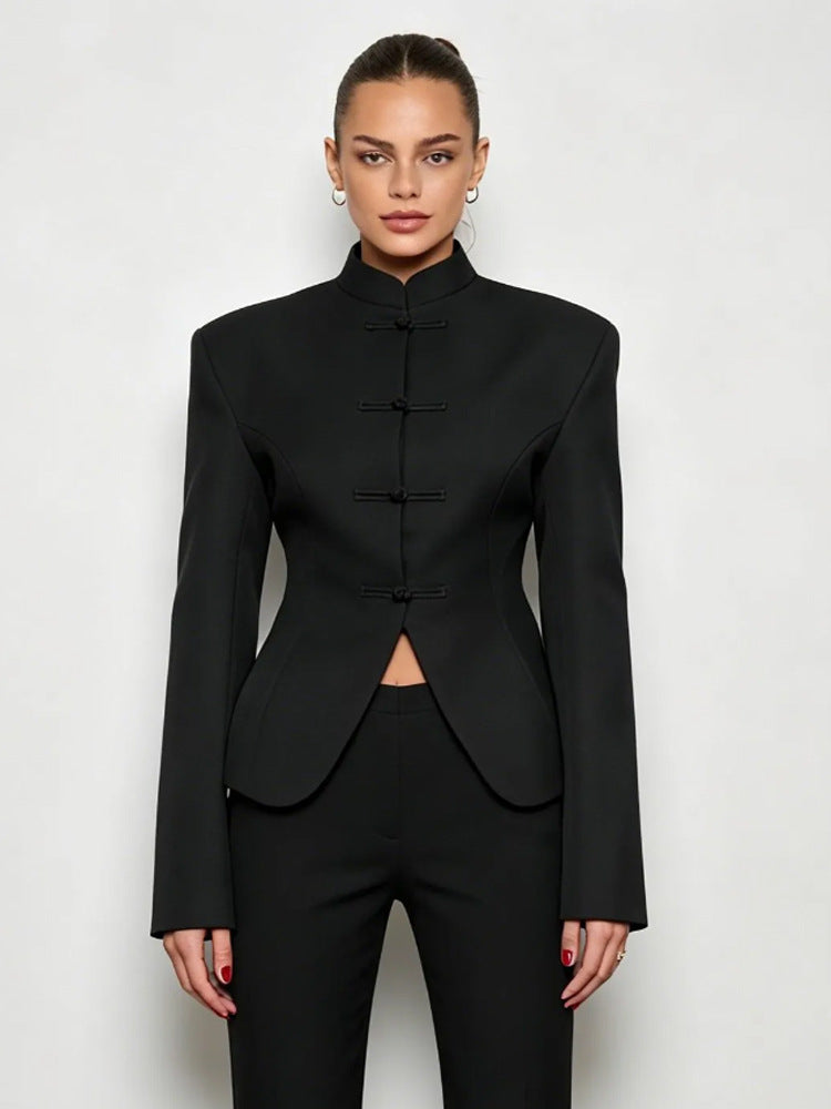 Women's Sculpted Blazer with Stand Collar, Decorative Knot Closures and Tailored Silhouette Amarae