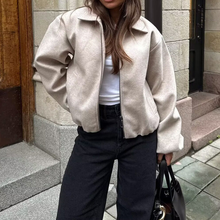 Women's Cropped Bomber Jacket with Elastic Hem, Full Zip and Balloon Sleeves Amarae