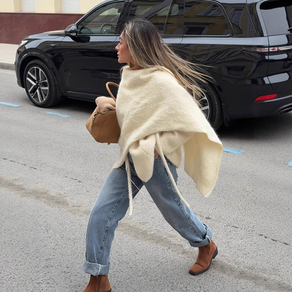 Women's Oversized Wool Mix Poncho with Asymmetrical Fall and Ties Amarae