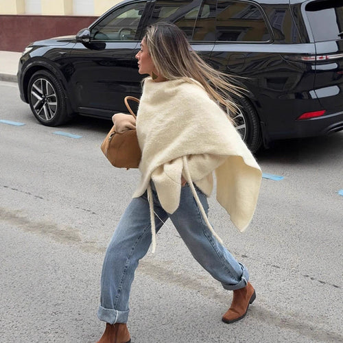 Women's Oversized Wool Mix Poncho with Asymmetrical Fall and Ties Amarae