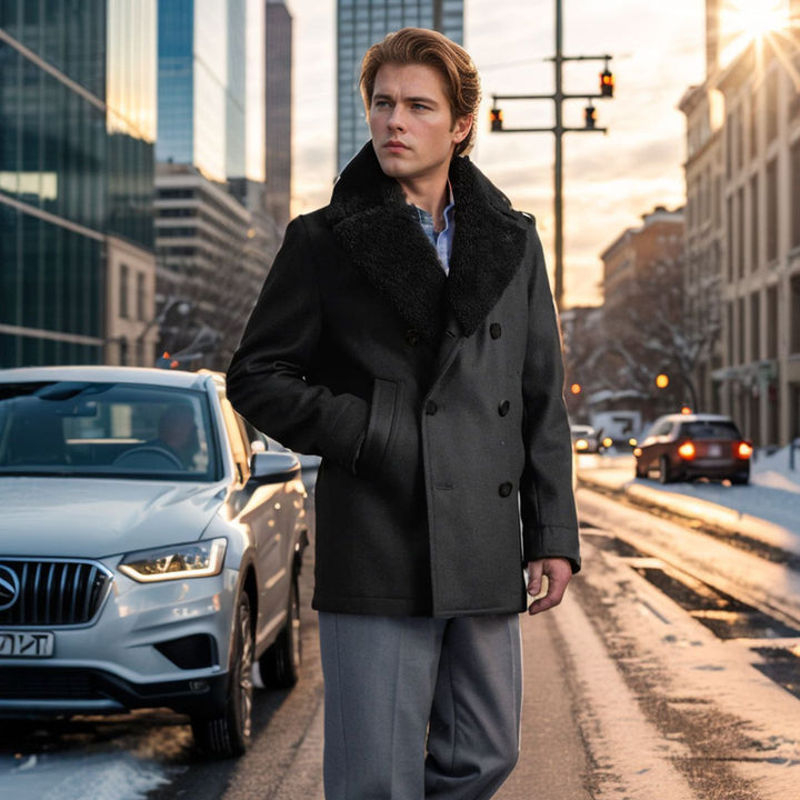 Double-breasted wool coat for men with faux fur collar Amarae