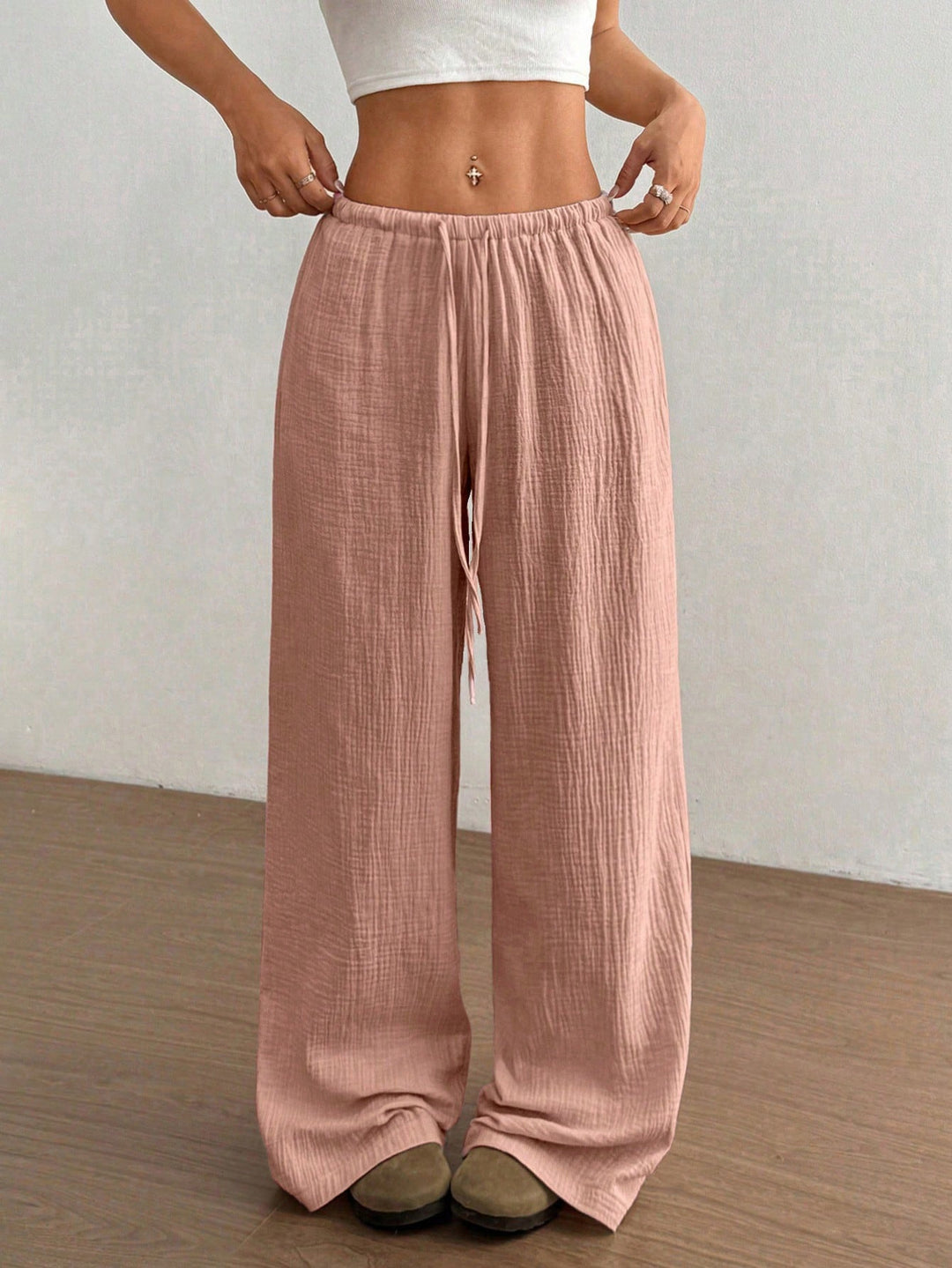Women Lightweight Linen Look Pants with Wide Leg, Elastic Waistband and Drawstring Amarae