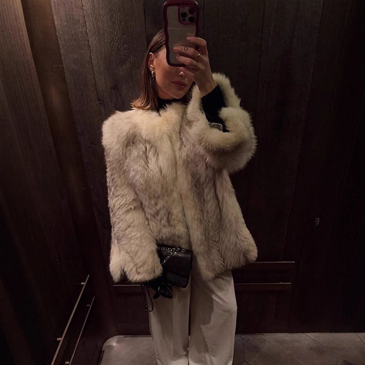 Women's Boxy Faux Fur Jacket with Textured Shag Look and Voluminous Shawl Collar Amarae
