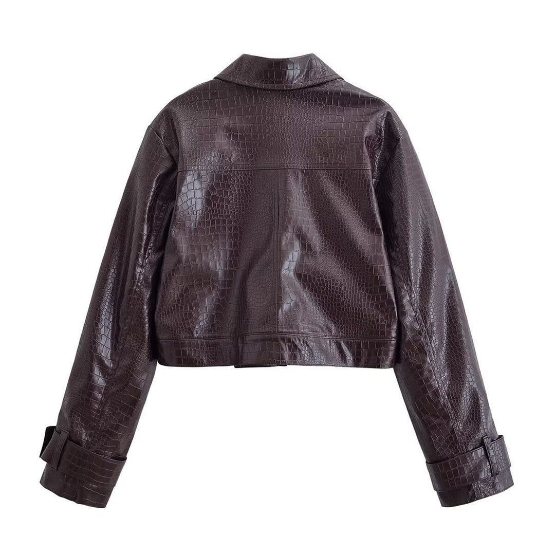 Women High-Waisted Straight-Leg Faux Leather Pants with Crocodile Embossing Amarae