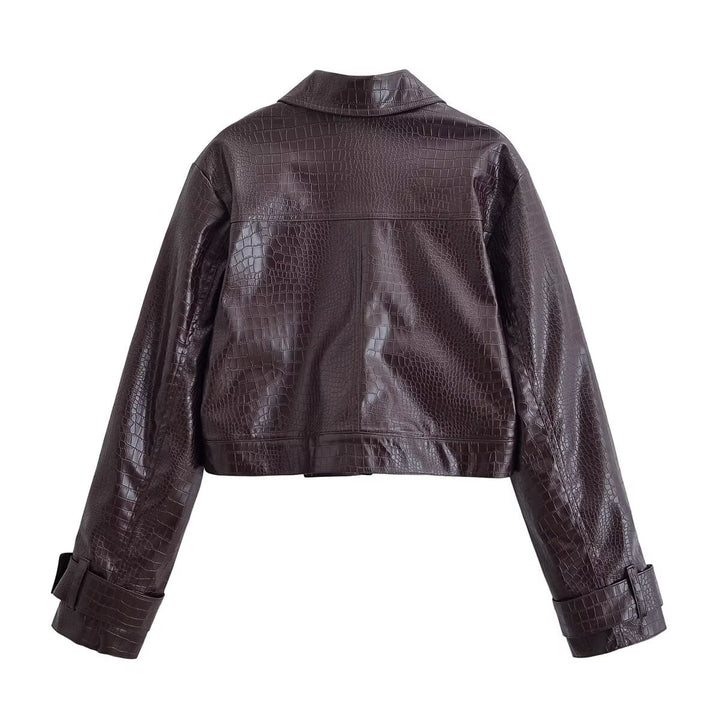 Women High-Waisted Straight-Leg Faux Leather Pants with Crocodile Embossing Amarae